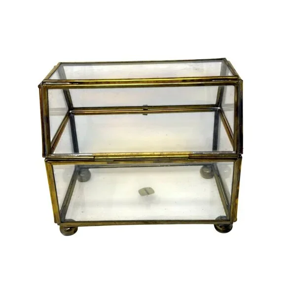 Brass Glass Jewelry Box Hinged Trinket Display Casket 4.5" T Footed Vintage MCM - Picture 5 of 9